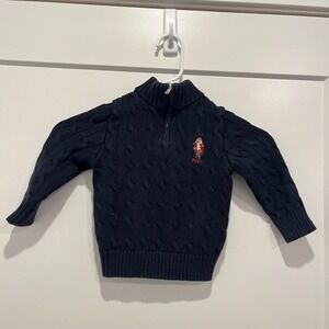 Polo Ralph Lauren Toddler Boy Navy Blue Cable Knit Polo Bear Quarter Zip Sweater